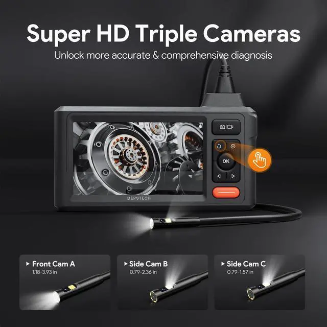 Alt view image 5 of 7 - KEHIPI 50FT Triple Lens Sewer Camera, Borescope with 5" IPS Screen, 1080P Endoscope with Light, Flexible Snake Inspection for Wall, Plumbing, Automotive Engine Inspect