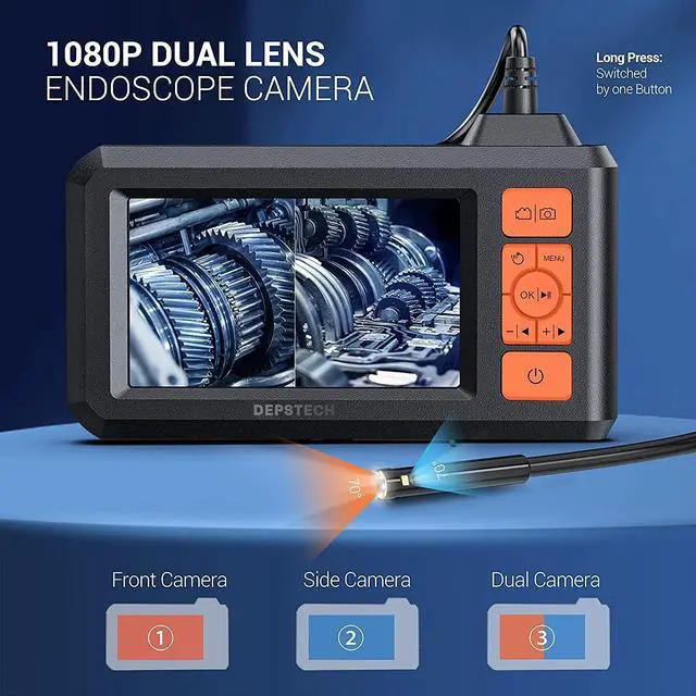 Alt view image 2 of 7 - KEHIPI Dual Lens Industrial Endoscope, 1080P Digital Borescope Inspection Camera, 7.9mm IP67 Waterproof, Sewer Camera with 4.3" LCD Screen, 7 LED Lights, 16.5FT Semi-Rigid Cable, 32GB Card - Orange