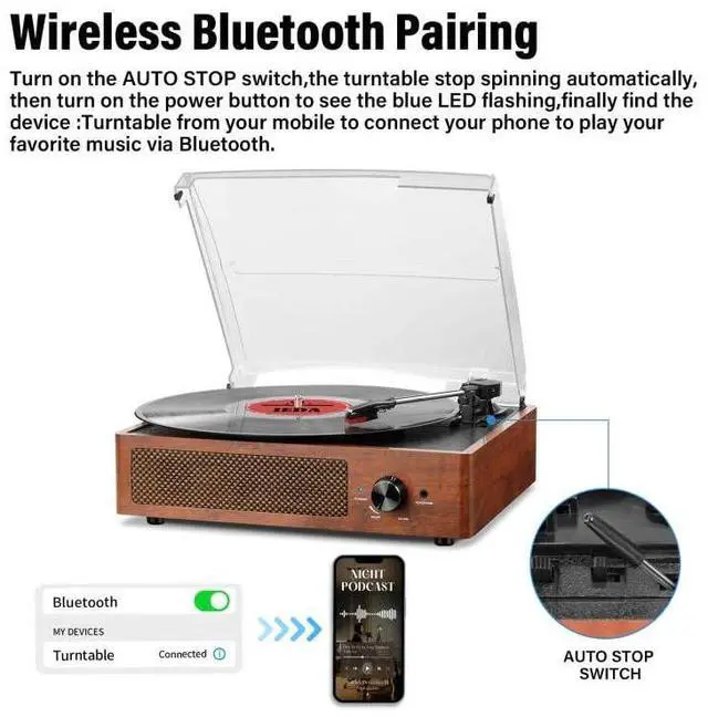 Alt view image 3 of 7 - KEHIPI Record Player for Vinyl with 2 Build-in Speakers LP Vinyl Players Belt-Driven Vintage Turntables 3 Speed 3 Size, Wireless Bluetooth Playback, AUX-in, RCA Out, Headphone, Auto Stop Orange