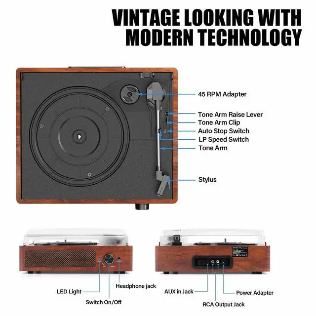 Alt view image 2 of 7 - KEHIPI Record Player for Vinyl with 2 Build-in Speakers LP Vinyl Players Belt-Driven Vintage Turntables 3 Speed 3 Size, Wireless Bluetooth Playback, AUX-in, RCA Out, Headphone, Auto Stop Orange