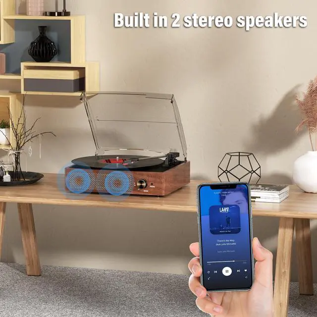 Alt view image 6 of 7 - KEHIPI Record Player for Vinyl with 2 Build-in Speakers LP Vinyl Players Belt-Driven Vintage Turntables 3 Speed 3 Size, Wireless Bluetooth Playback, AUX-in, RCA Out, Headphone, Auto Stop Orange