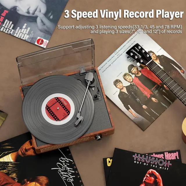 Alt view image 5 of 7 - KEHIPI Record Player for Vinyl with 2 Build-in Speakers LP Vinyl Players Belt-Driven Vintage Turntables 3 Speed 3 Size, Wireless Bluetooth Playback, AUX-in, RCA Out, Headphone, Auto Stop Orange