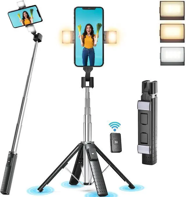 Main image of KEHIPI 41Selfie Stick Tripod Quadrapod with 2 Rechargeable Fill Light, Extendable Tripod with Bluetooth Remote, Stainless Steel, 3 Light Modes, 9 Brightness Levels, Compatible for All iPhone Android