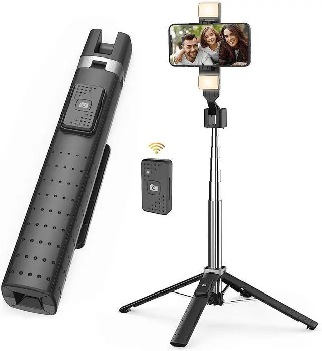 Alt view image 5 of 7 - KEHIPI 41Selfie Stick Tripod Quadrapod with 2 Rechargeable Fill Light, Extendable Tripod with Bluetooth Remote, Stainless Steel, 3 Light Modes, 9 Brightness Levels, Compatible for All iPhone Android