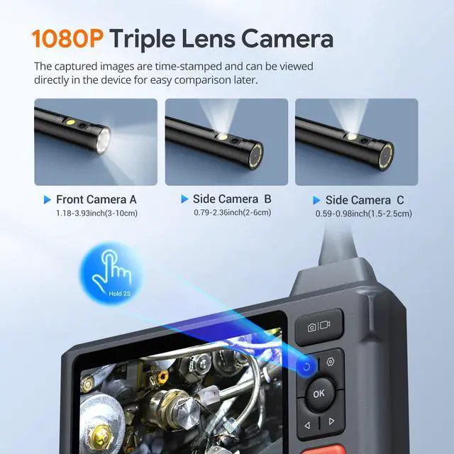 Alt view image 4 of 7 - KEHIPI Triple Lens Sewer Inspection Camera with 50FT Semi-Rigid Cable, 5"IPS Screen Endoscope Camera with Lights, 1080P Industrial Borescope, Split Screen, Waterproof Drain Pipe Tool, Carrying Case