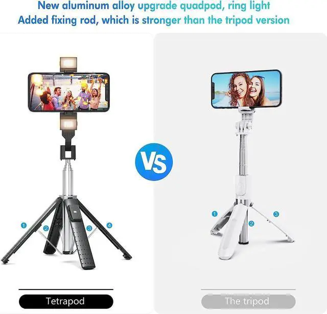 Alt view image 6 of 7 - KEHIPI 41Selfie Stick Tripod Quadrapod with 2 Rechargeable Fill Light, Extendable Tripod with Bluetooth Remote, Stainless Steel, 3 Light Modes, 9 Brightness Levels, Compatible for All iPhone Android