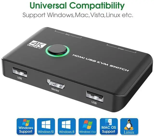 Alt view image 7 of 7 - KEHIPI 4K KVM Switch HDMI 2 Port Box, USB HDMI KVM Switches for 2 Computers Share Keyboard Mouse Printer and one HD Monitor, Support UHD 4K@60Hz, with 2 USB Cables and 2 HDMI Cables