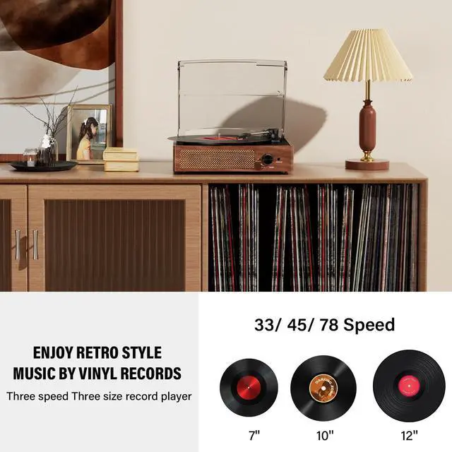 Alt view image 4 of 7 - KEHIPI Record Player for Vinyl with 2 Build-in Speakers LP Vinyl Players Belt-Driven Vintage Turntables 3 Speed 3 Size, Wireless Bluetooth Playback, AUX-in, RCA Out, Headphone, Auto Stop Orange