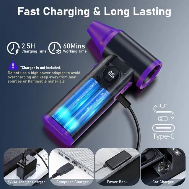 Alt view image 3 of 6 - KEHIPI Electric Compressed Air Duster, Powerful Cordless Air Blower, Replaces Compressed Air Cans, Mini Rechargeable Turbo Dust Blower for Cars, PC, Keyboard, Home, Outdoor Cleanings (Purple)