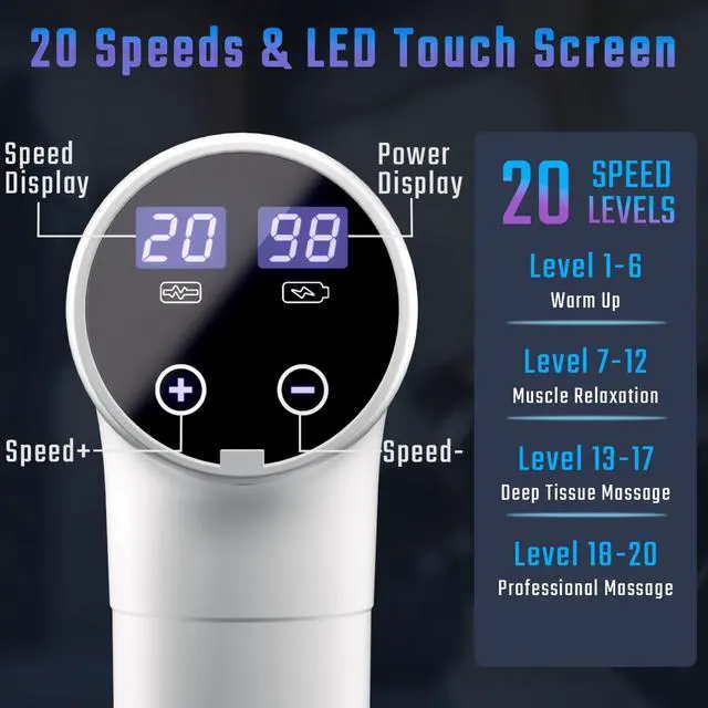 Alt view image 2 of 7 - KEHIPI Massage Gun Deep Tissue, Muscle Massage Gun with 9 Attachment Heads 20 Speeds & Silent Brushless Motor for Pain Relief, Handheld Percussion Back Massager Gun for Athletes(White)