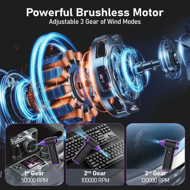 Alt view image 2 of 6 - KEHIPI Electric Compressed Air Duster, Powerful Cordless Air Blower, Replaces Compressed Air Cans, Mini Rechargeable Turbo Dust Blower for Cars, PC, Keyboard, Home, Outdoor Cleanings (Purple)