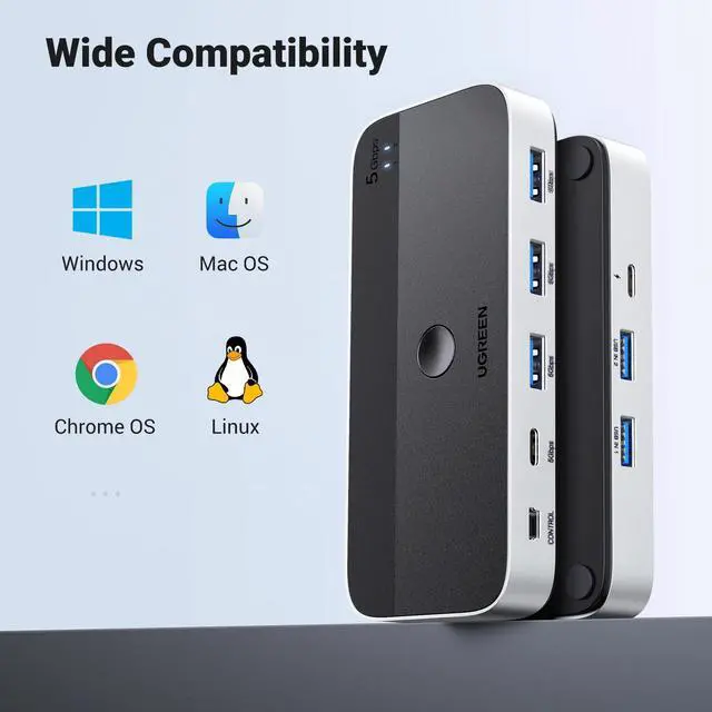 Alt view image 7 of 7 - UGREEN USB 3.0 Switch 2 Computers Sharing USB C & A Devices, 4 Port USB Switcher Sharing Keyboard and Mouse, Printer/Scanner USB Switch Hub for Two Computers with 2 USB3.0 Cables and Remote