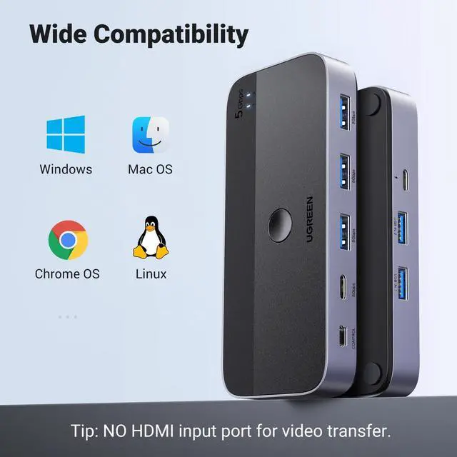 Alt view image 7 of 7 - UGREEN USB 3.0 Switch 2 Computers Sharing USB C & A Devices, 4 Port USB Switcher Sharing Keyboard and Mouse, Printer/Scanner USB Switch Hub for Two Computers with 2 USB3.0 Cables and Controller