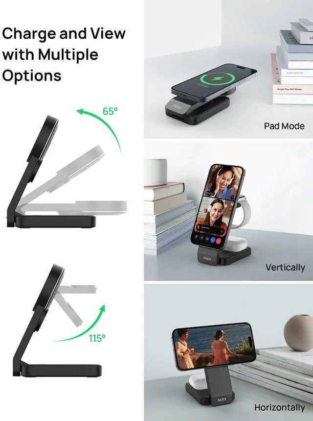 Alt view image 3 of 7 - KEHIPI Qi2 3-in-1 Foldable Wireless Charging Station with Night Light, Fast 15W Portable Travel Charger Stand, Nightstand Charger for iPhone/Android/Apple Watch/AirPods(W79-2)