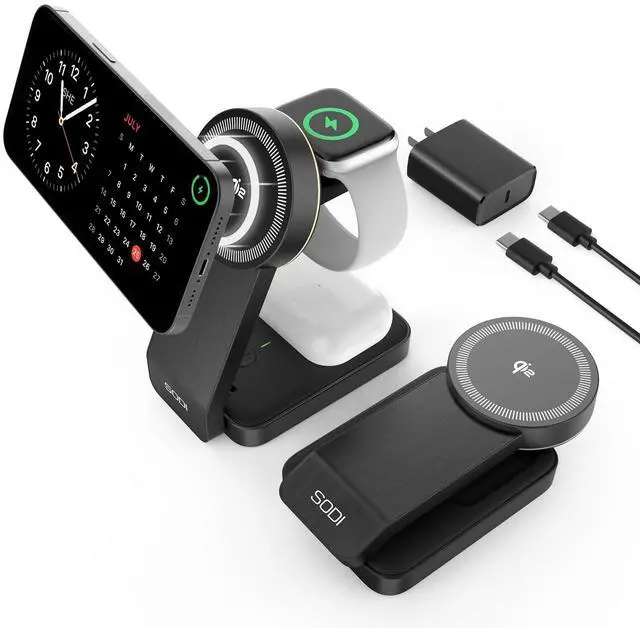 Main image of KEHIPI Qi2 3-in-1 Foldable Wireless Charging Station with Night Light, Fast 15W Portable Travel Charger Stand, Nightstand Charger for iPhone/Android/Apple Watch/AirPods(W79-2)