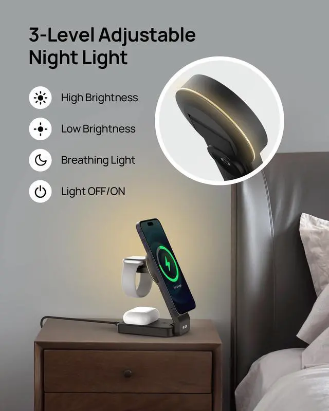 Alt view image 6 of 7 - KEHIPI Qi2 3-in-1 Foldable Wireless Charging Station with Night Light, Fast 15W Portable Travel Charger Stand, Nightstand Charger for iPhone/Android/Apple Watch/AirPods(W79-2)