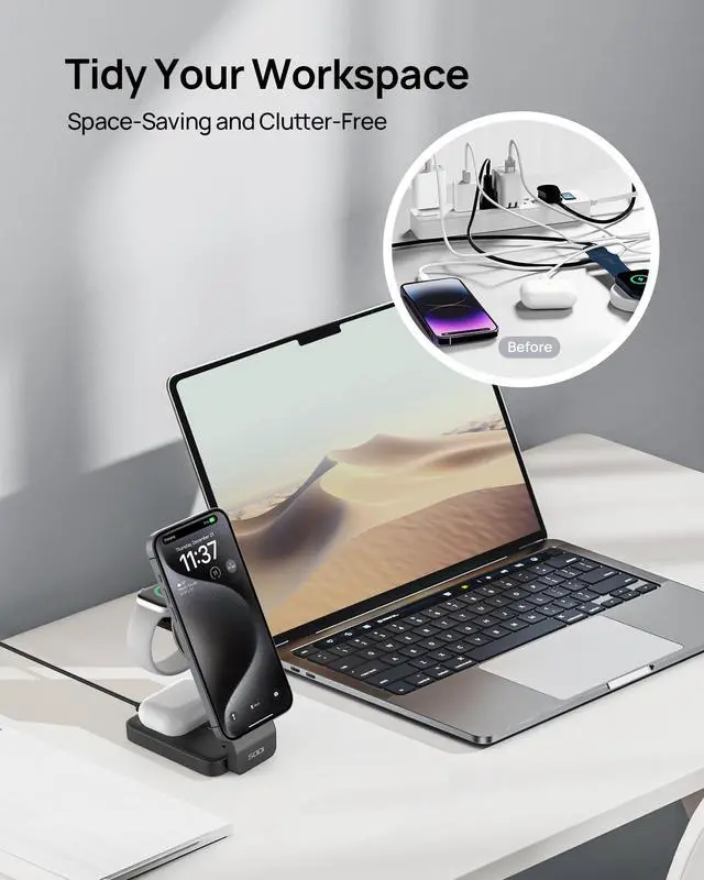 Alt view image 5 of 7 - KEHIPI Qi2 3-in-1 Foldable Wireless Charging Station with Night Light, Fast 15W Portable Travel Charger Stand, Nightstand Charger for iPhone/Android/Apple Watch/AirPods(W79-2)