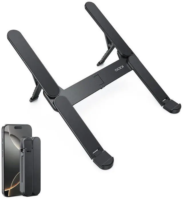 Main image of KEHIPI Ultra Compact Foldable Laptop Stand - Portable Laptop Holder for Desk & Travel Use, Ergonomic Aluminum Computer Holder with Adjustable Height for MacBook, Tablet 10-16" (Dark Black, Bi-Fold)