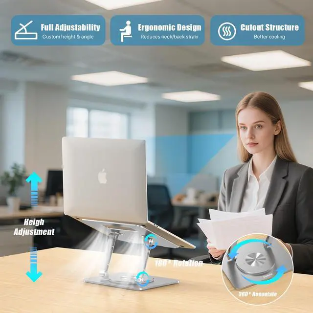 Alt view image 2 of 7 - KEHIPI 360° Swivel Laptop Stand - 2.5mm Heavy-Duty Aerospace Aluminum, Adjustable Height & Angle, Sturdy Yet LightweightErgonomic Desk Mount for 10-17" MacBook/Dell/HP,Silver