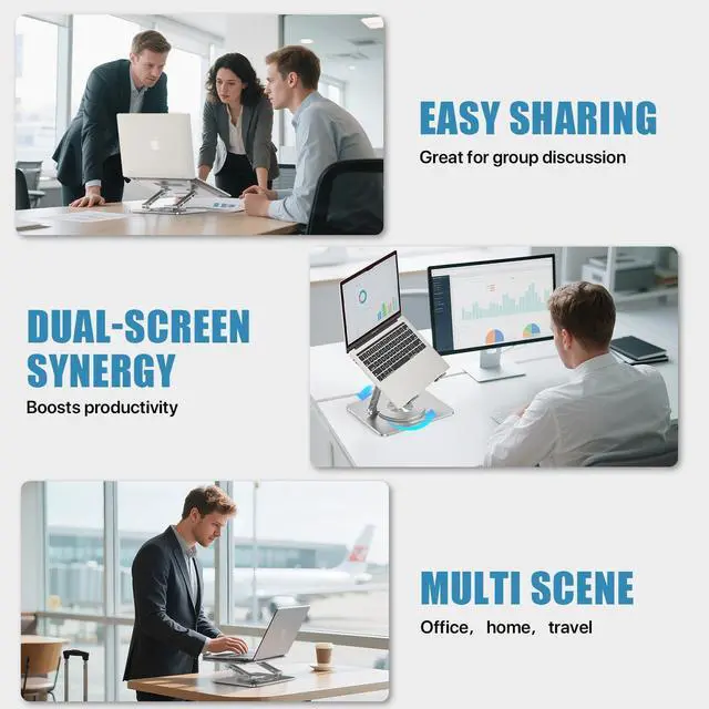 Alt view image 5 of 7 - KEHIPI 360° Swivel Laptop Stand - 2.5mm Heavy-Duty Aerospace Aluminum, Adjustable Height & Angle, Sturdy Yet LightweightErgonomic Desk Mount for 10-17" MacBook/Dell/HP,Silver