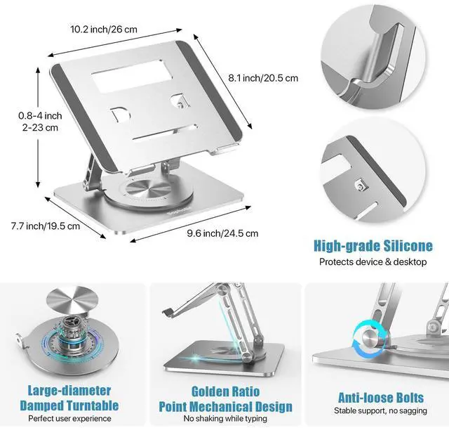 Alt view image 6 of 7 - KEHIPI 360° Swivel Laptop Stand - 2.5mm Heavy-Duty Aerospace Aluminum, Adjustable Height & Angle, Sturdy Yet LightweightErgonomic Desk Mount for 10-17" MacBook/Dell/HP,Silver