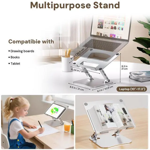 Alt view image 4 of 7 - KEHIPI Laptop Stand for Desk  2.5mm Aluminum Ergonomic Riser, Adjustable Height & Angle, Sturdy Yet Lightweight, Fits 10-17.3 Inch MacBook Pro/Air, Dell XPS, HP,Silver.
