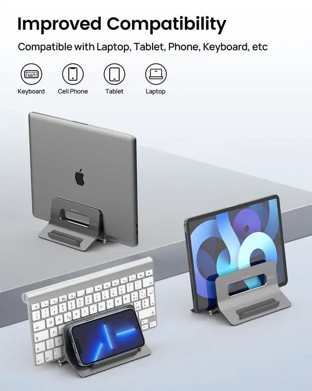 Alt view image 5 of 7 - KEHIPI Vertical Laptop Stand for Desk, Gravity Auto Lock MacBook Stand, Aluminum Laptop Holder Vertical Compatible with MacBook Pro, Air, Tablet, Space-Saving Organize Work & Home Office, Gray