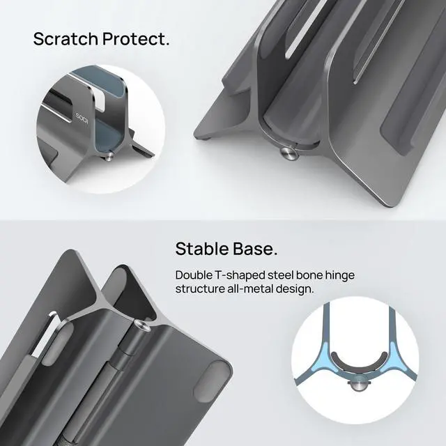 Alt view image 7 of 7 - KEHIPI Vertical Laptop Stand for Desk, Gravity Auto Lock MacBook Stand, Aluminum Laptop Holder Vertical Compatible with MacBook Pro, Air, Tablet, Space-Saving Organize Work & Home Office, Gray
