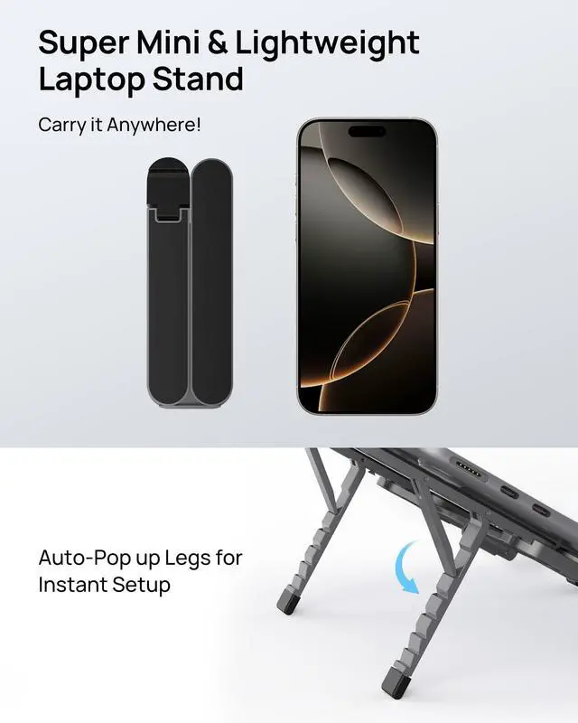 Alt view image 7 of 7 - KEHIPI  [Ultra Compact] Foldable & Portable Laptop Stand for Desk, Lightweight Tablet Stand for Business Travel, Library, Cafe, 6 Level Height Ergonomic Aluminum Computer Holder for 10-16" Laptops