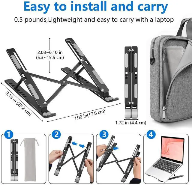 Alt view image 2 of 7 - KEHIPI Laptop Stand for Desk, Aluminum Metal MacBook Stand, Computer Riser for Desk, Portable Foldable Adjustable Notebook Holder, Compatible with 10-15.6 Inch Laptops, iPad, Black.