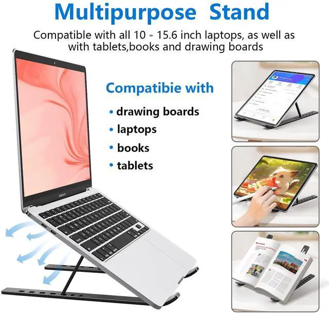 Alt view image 5 of 7 - KEHIPI Laptop Stand for Desk, Aluminum Metal MacBook Stand, Computer Riser for Desk, Portable Foldable Adjustable Notebook Holder, Compatible with 10-15.6 Inch Laptops, iPad, Black.