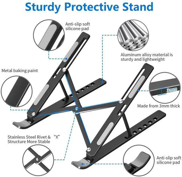 Alt view image 6 of 7 - KEHIPI Laptop Stand for Desk, Aluminum Metal MacBook Stand, Computer Riser for Desk, Portable Foldable Adjustable Notebook Holder, Compatible with 10-15.6 Inch Laptops, iPad, Black.