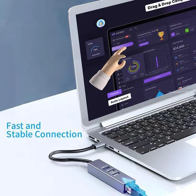 Alt view image 3 of 7 - KEHIPI USB to Ethernet Adapter 3-Port USB Hub with RJ45 Ethernet Support Windows, Mac OS, Surface Pro, Linux, Chromebook and More