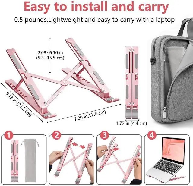 Alt view image 3 of 7 - KEHIPI  Laptop Stand for Desk, Aluminum Metal MacBook StandComputer Riser for Desk, Portable Foldable Adjustable Notebook Holder, Compatible with 10-15.6 Inch Laptops, iPad, Rose Gold.