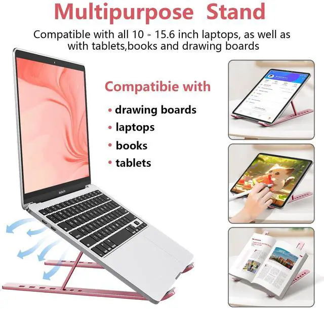 Alt view image 4 of 7 - KEHIPI  Laptop Stand for Desk, Aluminum Metal MacBook StandComputer Riser for Desk, Portable Foldable Adjustable Notebook Holder, Compatible with 10-15.6 Inch Laptops, iPad, Rose Gold.