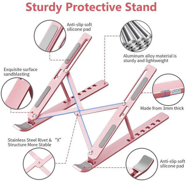Alt view image 5 of 7 - KEHIPI  Laptop Stand for Desk, Aluminum Metal MacBook StandComputer Riser for Desk, Portable Foldable Adjustable Notebook Holder, Compatible with 10-15.6 Inch Laptops, iPad, Rose Gold.