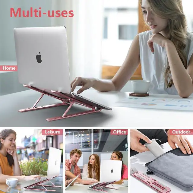 Alt view image 6 of 7 - KEHIPI  Laptop Stand for Desk, Aluminum Metal MacBook StandComputer Riser for Desk, Portable Foldable Adjustable Notebook Holder, Compatible with 10-15.6 Inch Laptops, iPad, Rose Gold.