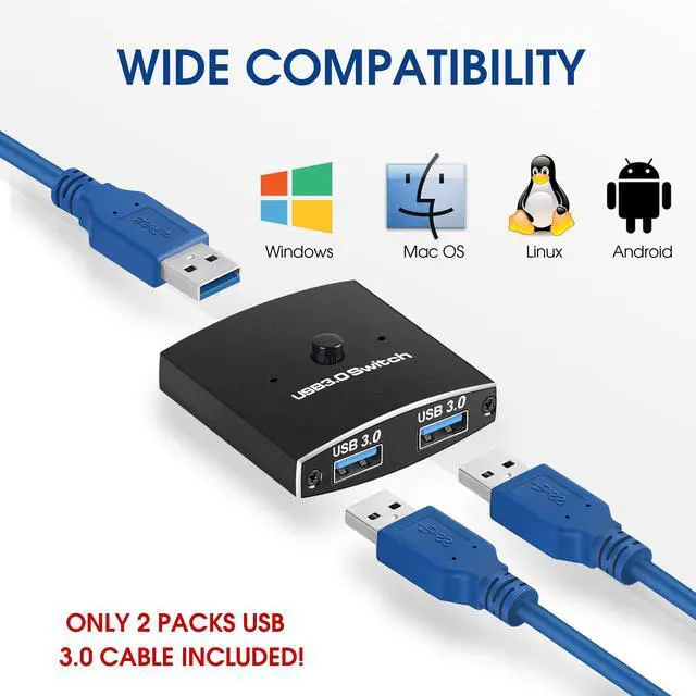 Alt view image 7 of 7 - KEHIPI USB 3.0 Switch Selector 2 in 1 Out / 1 in 2 Out, Bi-Directional USBA Sharing Switch 2 Computers 1 USBA Device, USB KVM Switcher for Keyboard, Mouse, Printer,Scanner, 2 Pack 3.0 Cables Included
