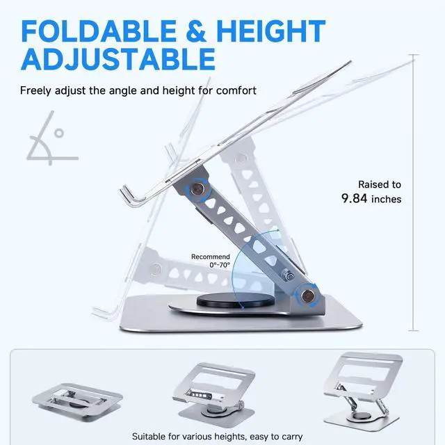 Alt view image 3 of 7 - KEHIPI Laptop Stand for Desk, Ergonomic 360° Rotating Aluminum Laptop Riser, Adjustable Notebook Holder Compatible with MacBook Air/Pro, Dell, HP, Lenovo (10-15.6 Inch, Silver)