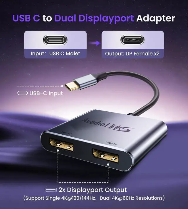 Alt view image 6 of 7 - KEHIPI USB C to Dual DisplayPort Adapter, Dual 4K@60Hz, Single Display 4K@144Hz Type C to DP Dual Monitor Converter, Compatible for Dell XPS 13 15,Lenovo Yoga, Sumsung,Chromebook,HP,Lenovo(Grey)