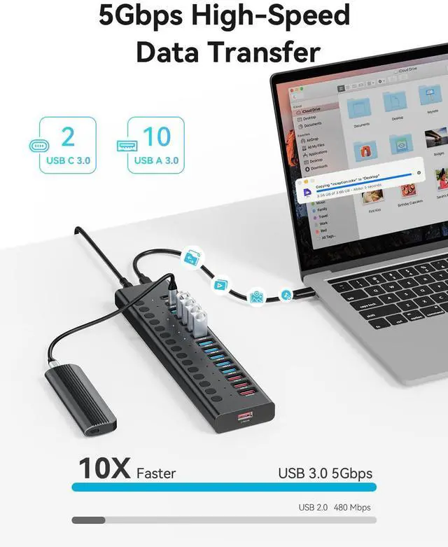 Alt view image 3 of 7 - KEHIPI Powered USB 3.0 Hub, 16-Port USB C Hub Splitter (10 USB 3.0+2 QC 3.0+2 Smart Charging+2 USB-C 3.0) with Individual Switches, 12V 7.5A 90W UL Certified Power Adapter for Laptop, Mac, PC,Computer