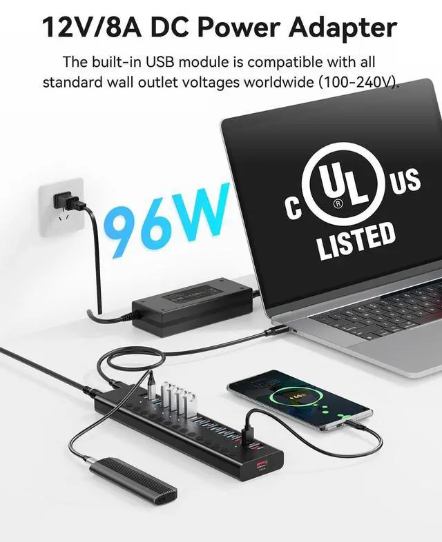Alt view image 4 of 7 - KEHIPI Powered USB 3.0 Hub, 16-Port USB C Hub Splitter (10 USB 3.0+2 QC 3.0+2 Smart Charging+2 USB-C 3.0) with Individual Switches, 12V 7.5A 90W UL Certified Power Adapter for Laptop, Mac, PC,Computer