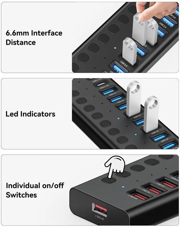 Alt view image 6 of 7 - KEHIPI Powered USB 3.0 Hub, 16-Port USB C Hub Splitter (10 USB 3.0+2 QC 3.0+2 Smart Charging+2 USB-C 3.0) with Individual Switches, 12V 7.5A 90W UL Certified Power Adapter for Laptop, Mac, PC,Computer