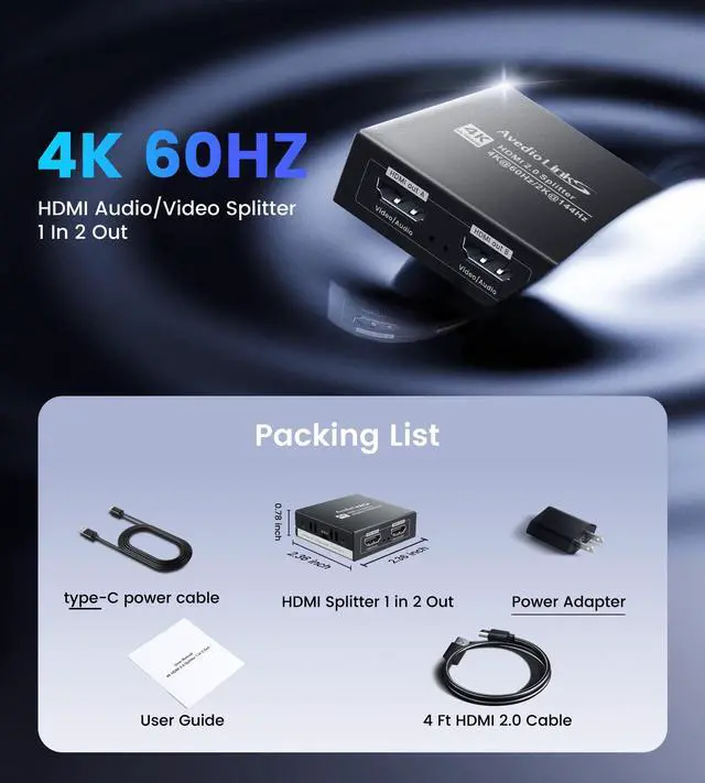 Alt view image 4 of 7 - KEHIPI HDMI Splitter 1 in 2 Out 4K@60Hz w/ 4ft HDMI Cable, HDCP Bypass HDMI Audio Splitter for Soundbar, Support Dobly Vision/Atmos 7.1ch,Down Scaler 4K 1080P Sync, 2K@144Hz,Work for Firestick, PS4/5