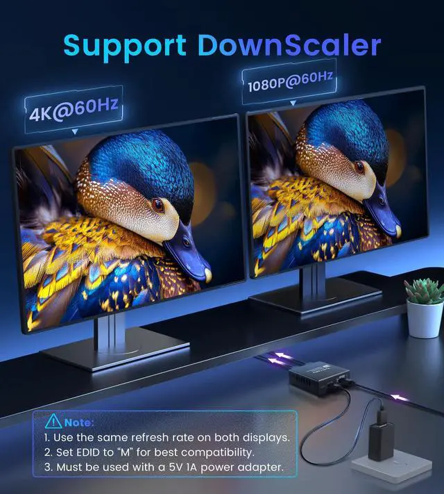 Alt view image 6 of 7 - KEHIPI HDMI Splitter 1 in 2 Out 4K@60Hz w/ 4ft HDMI Cable, HDCP Bypass HDMI Audio Splitter for Soundbar, Support Dobly Vision/Atmos 7.1ch,Down Scaler 4K 1080P Sync, 2K@144Hz,Work for Firestick, PS4/5
