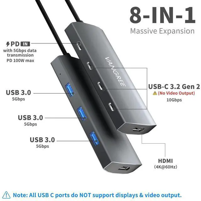 Alt view image 2 of 7 - VANGREE USB C Hub, 3 USB 3.2 Gen 2 Ports with 10Gbps, 4K@60Hz HDMI, 100W Power Delivery, 3 USB-A 3.0 Ports, USB C Splitter Multiport Adapter Extender for MacBook Pro/Air, iPad Pro, Mac mini and More