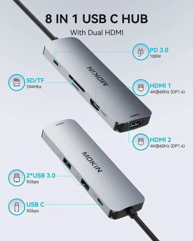 Alt view image 2 of 7 - KEHIPI USB C Docking Station Dual Monitor, USB C to Dual HDMI Adapter, 8 in 1 Laptop Docking Station with 2 HDMI(4K @60Hz), PD Charging, USB A&C 3.0 Ports, SD/TF for Dell/HP/Lenovo/Surface/Yoga etc