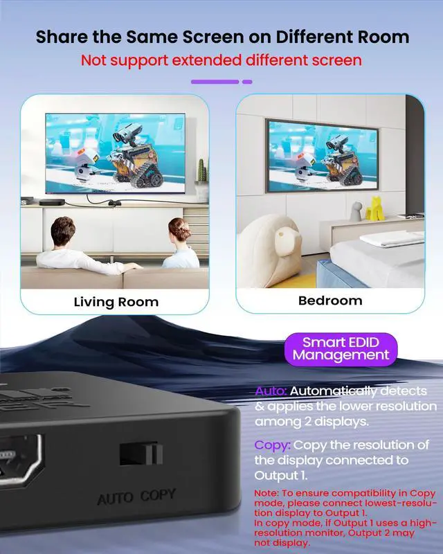 Alt view image 5 of 7 - KEHIPI 8K HDMI Splitter 1 in 2 Out w/ 4ft 8K Hdmi Cable (Not Extended Display), Mirror Only, 4K@120Hz HDMI 2.1 Splitter for Monitor, TV, Support HDCP2.3, 48Gbps, VRR, ALLM, Dol-by Vision, Atmos