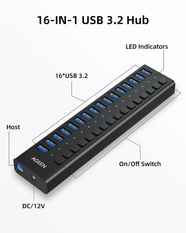 Alt view image 2 of 7 - KEHIPI 16-Port USB 3.2 Gen 2 Hub, 10Gbps High-Speed Aluminum Powered Hub with 96W Adapter, Individual Switches & Surge Protection for PC/Laptop, Flash Drive, Printer, Camera