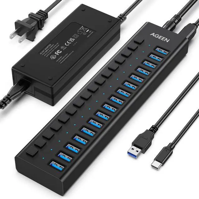 Main image of KEHIPI 16-Port USB 3.2 Gen 2 Hub, 10Gbps High-Speed Aluminum Powered Hub with 96W Adapter, Individual Switches & Surge Protection for PC/Laptop, Flash Drive, Printer, Camera